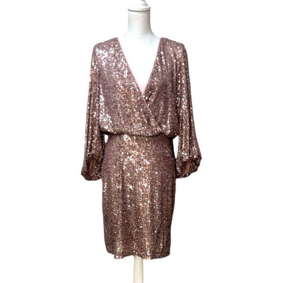 Eliza J Rose Gold Mauve Sequin Dress Faux Wrap Stretch waist sz 10 - Picture 2 of 10
